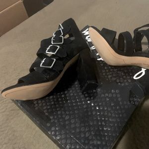 Black strappy suede heels